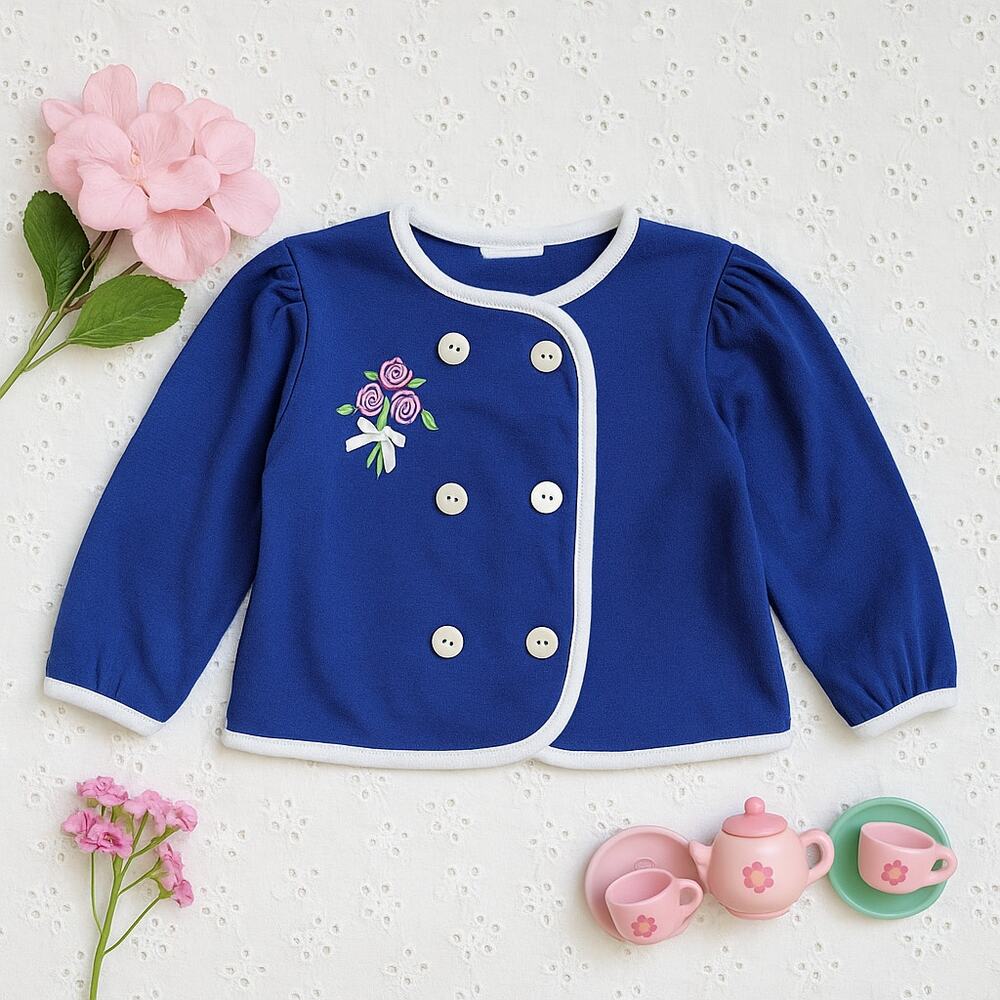 Vintage 1980s Carter's Toddler Girls Blue Rose Bouquet Cardigan – Size 3T